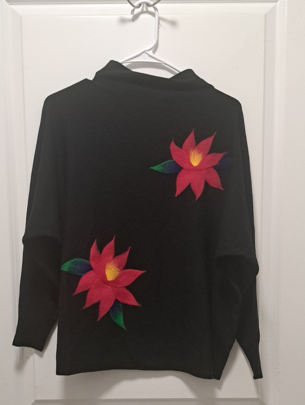 Black Women's Cowl Neck Sweater with Red Floral Embroidery